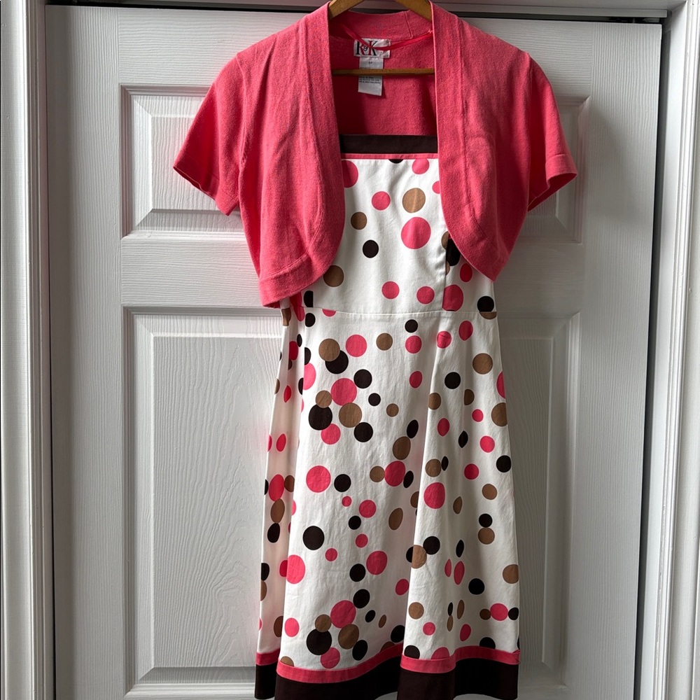 R&K Originals Vintage white cotton brown/coral polka dot dress w shrug EUC